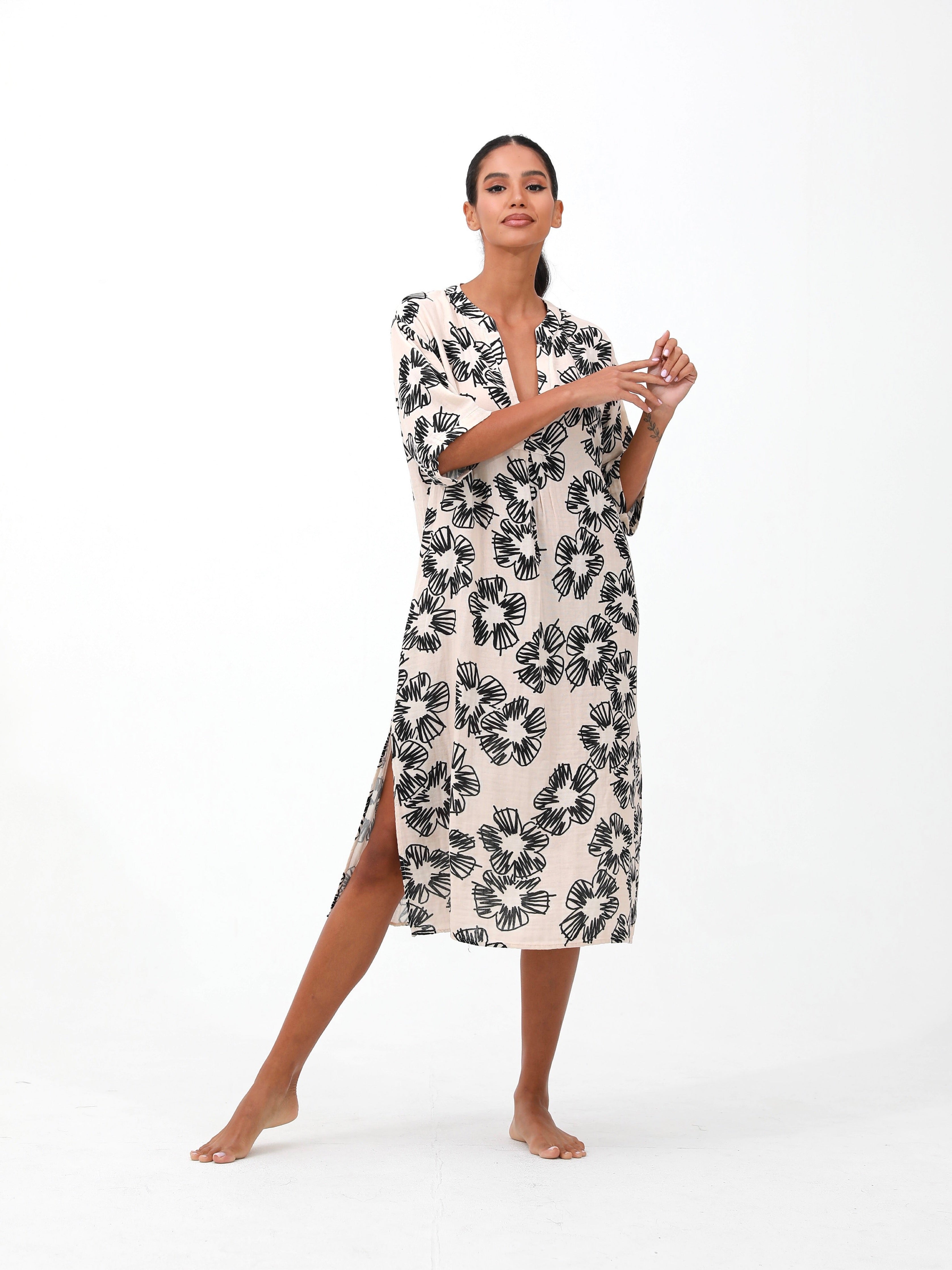 beige | women cotton loose dress | risska